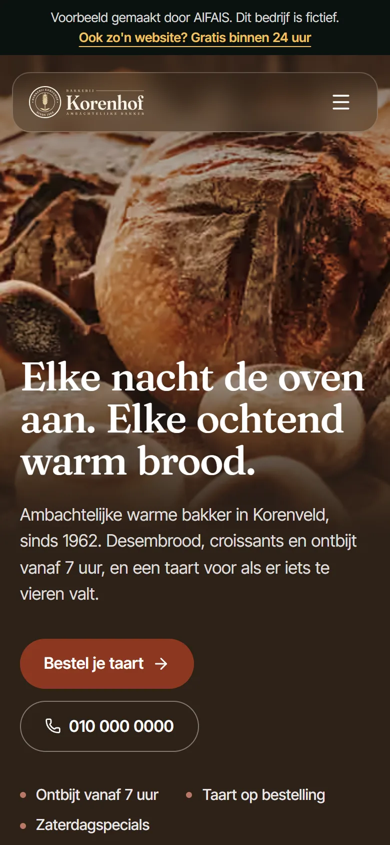 Voorbeeldwebsite van Bakkerij Korenhof op een telefoon