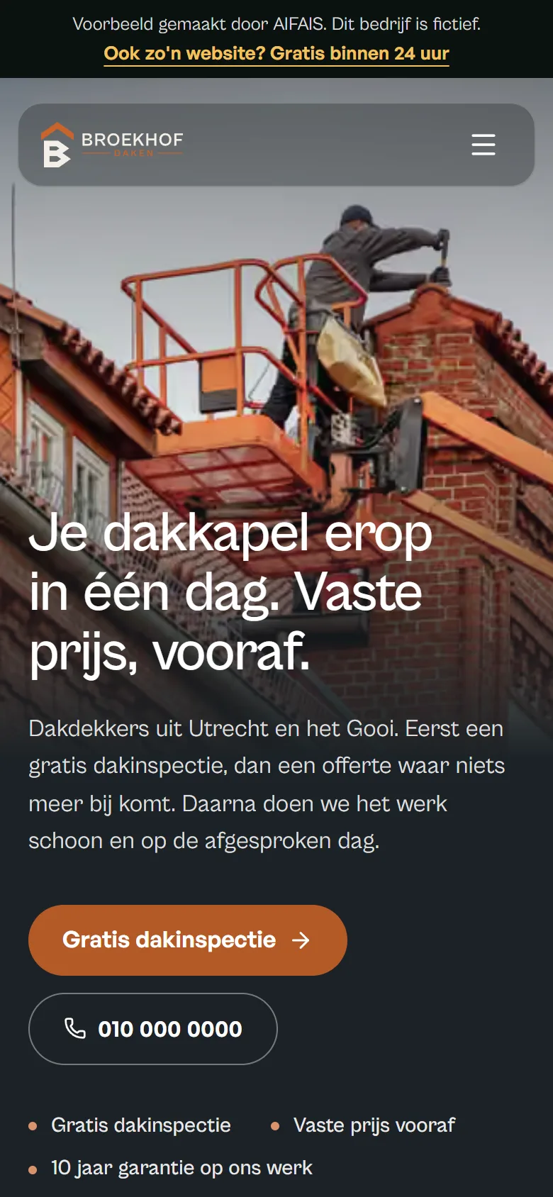 Voorbeeldwebsite van Broekhof Daken op een telefoon