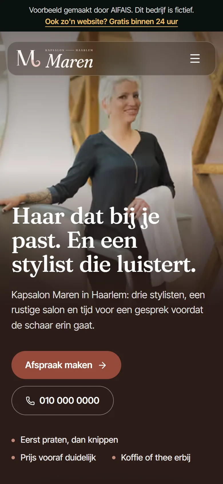 Voorbeeldwebsite van Kapsalon Maren op een telefoon